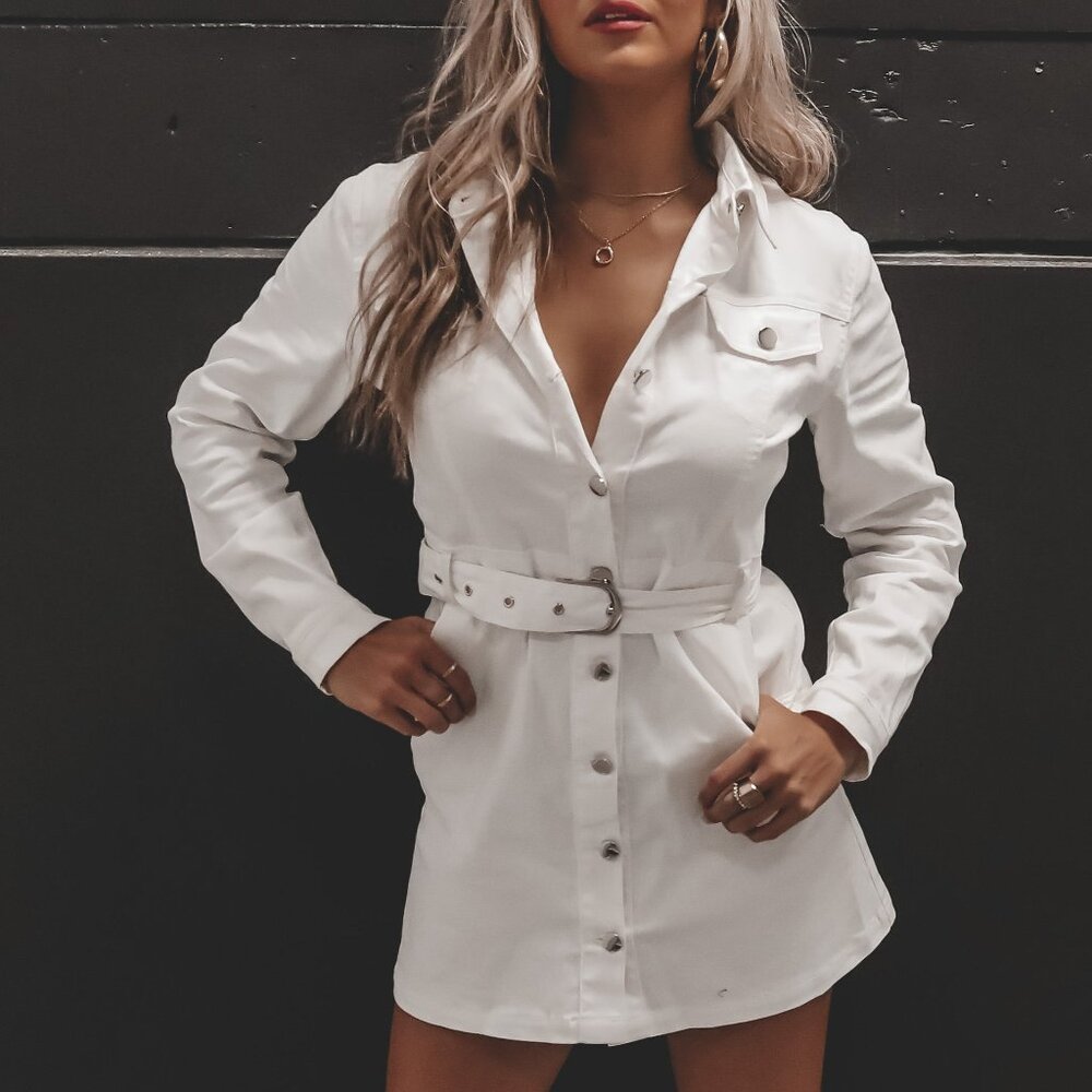 Amazing Lace White Long Sleeve Button Dress with Waist Belt